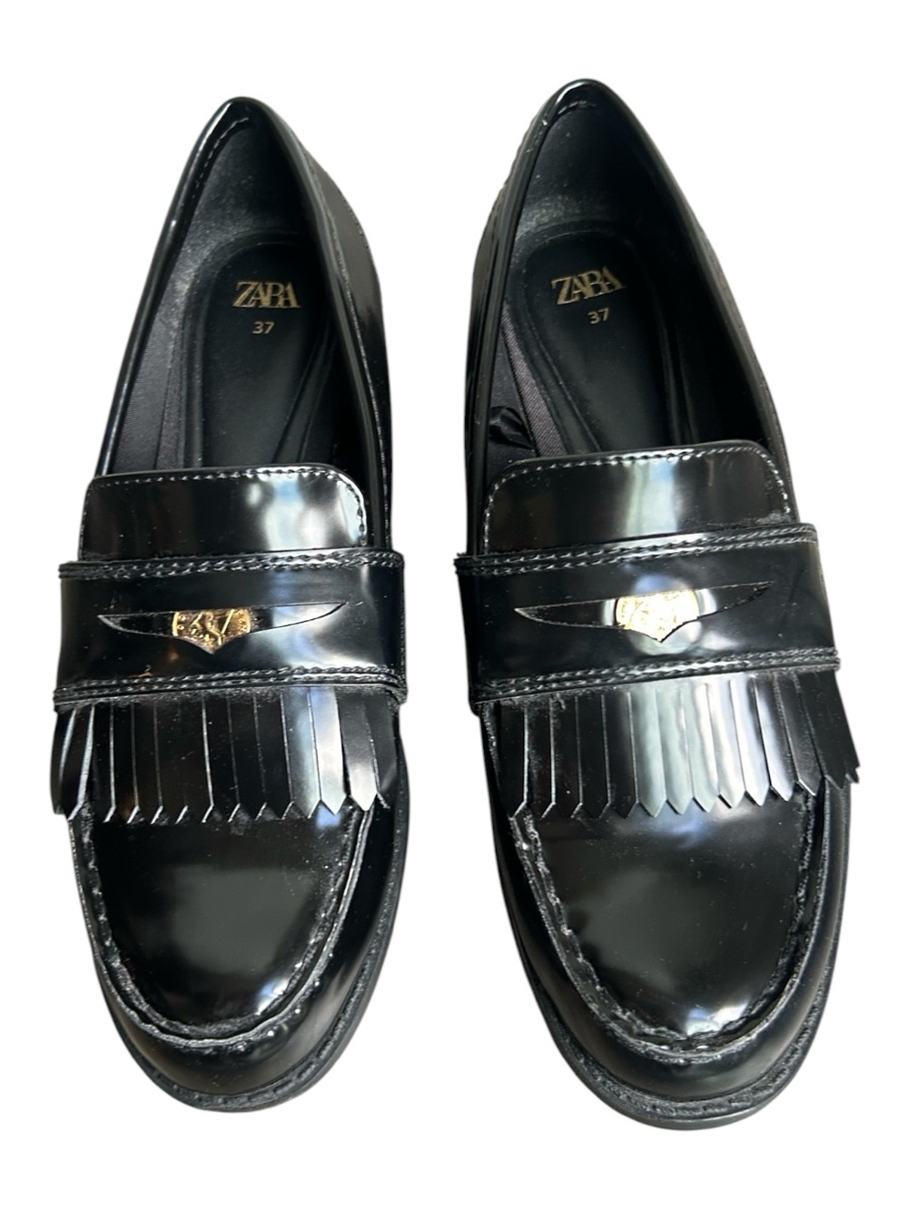 Zara Black Patent Kiltie Fringe Loafers with Gold Crest Accent EU Size 37/US 6.5